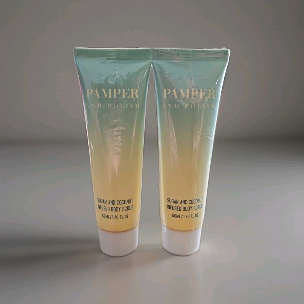 2X NEW PAMPER + POLISH Sugar and Coconut Infused Body Scrub 1.76 Oz/50ml Each
